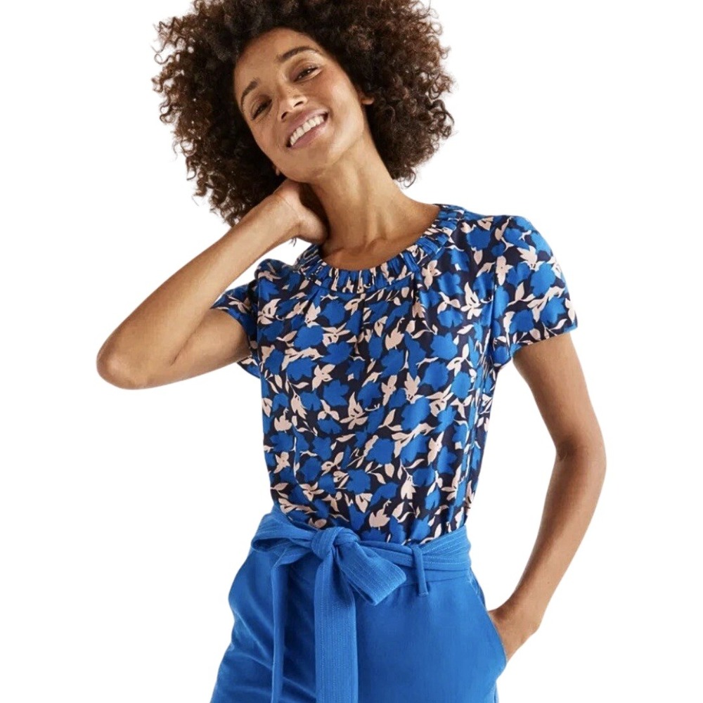 Boden Top Womens Blue Pink Size 8 Carey Silk Floral Ruffle Neck Blouse W0093
